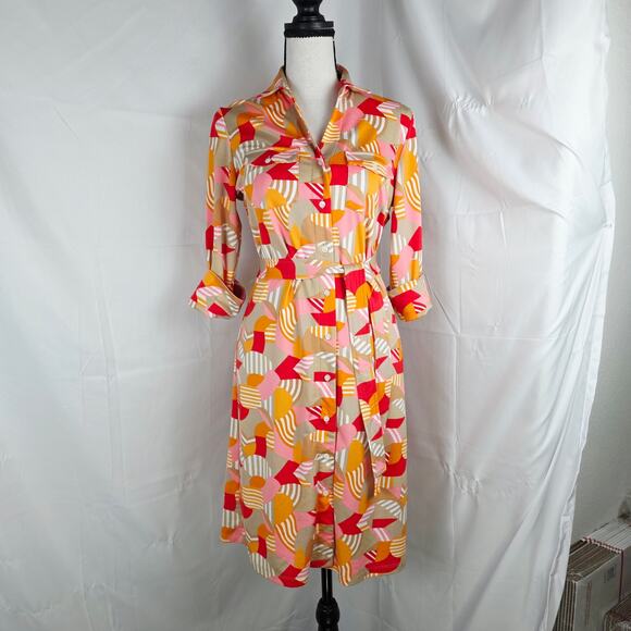 J.McLaughlin Shirt Dress Womens XS Multicolor Geometric Belted 3/4 Sleeve Retro - Picture 2 of 10